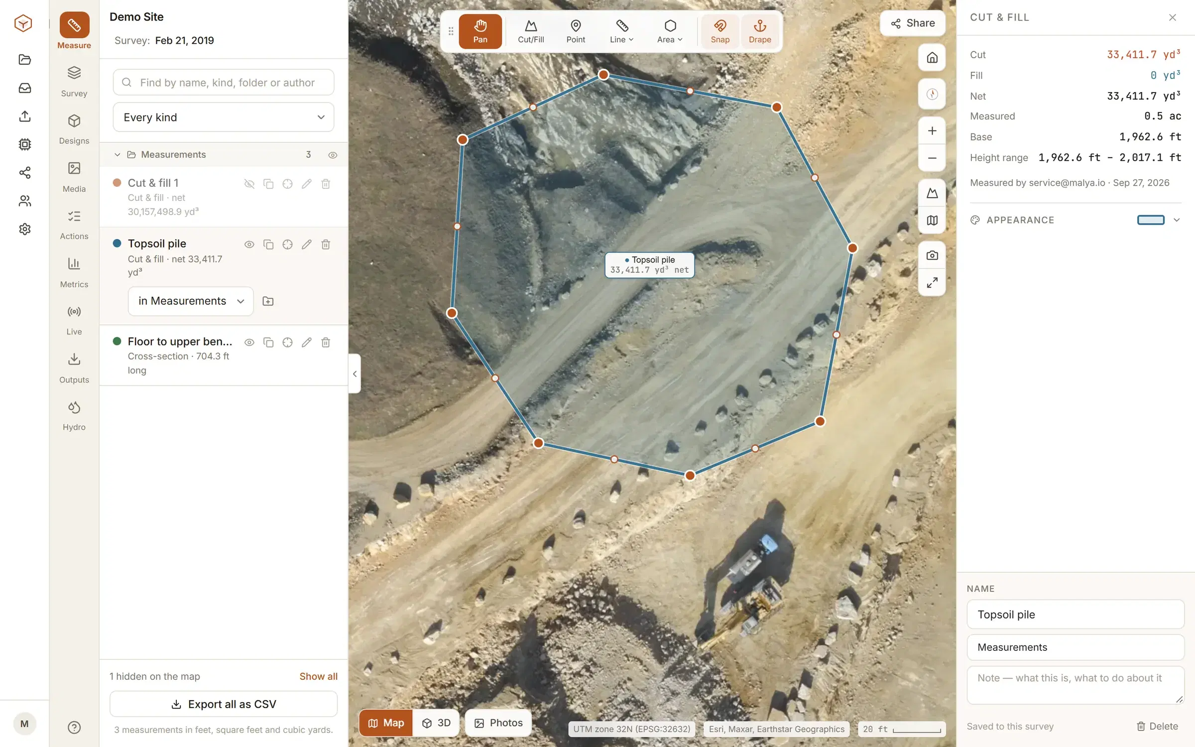 The viewer with a boundary drawn around a topsoil pile on the quarry, and cut, fill and net volumes in the panel