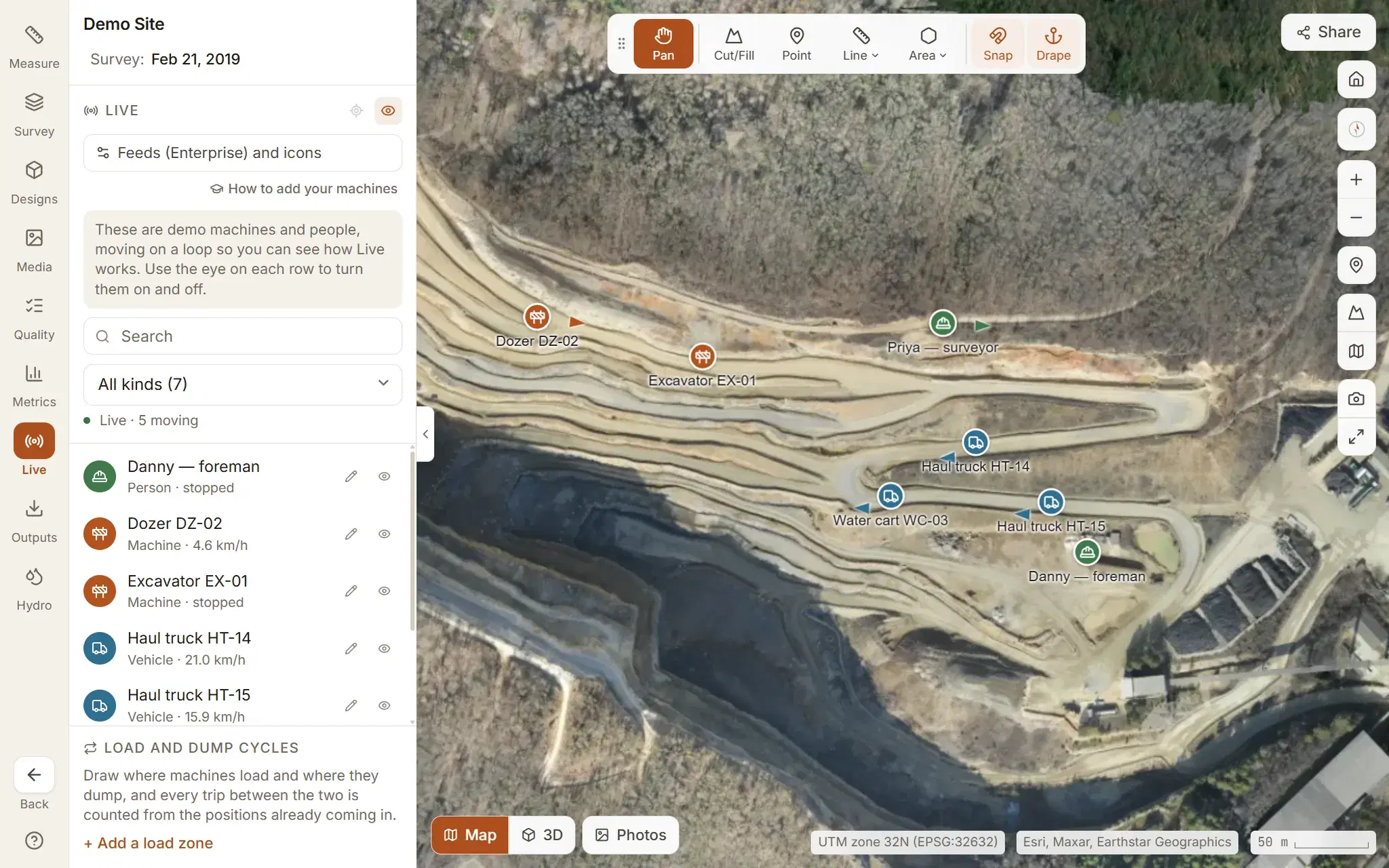 The Live tab with haul trucks, a dozer, an excavator and two people shown as markers on the quarry
