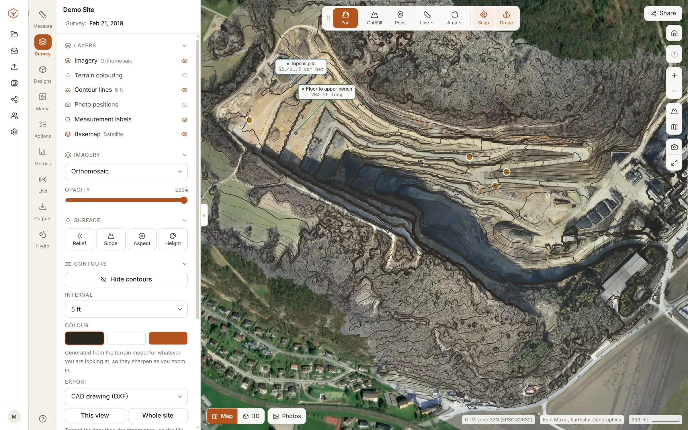 Contour lines at five foot intervals drawn over the whole quarry