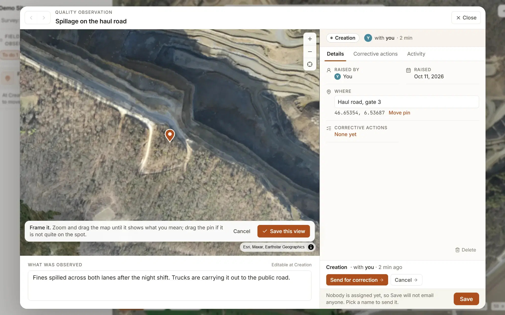 A new field quality observation over the map: the spot being framed on a small map with its pin, and a bar to save that view, beside the title, the place and who raised it