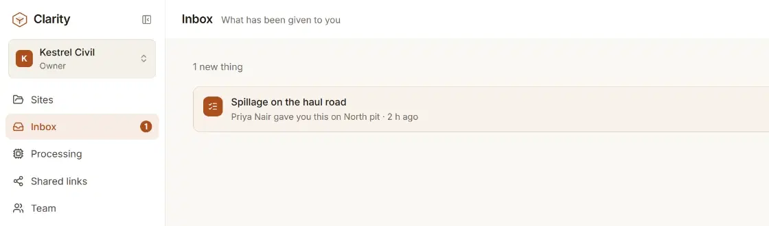 The Inbox, with Spillage on the haul road waiting: given by Priya Nair on North pit, two hours ago