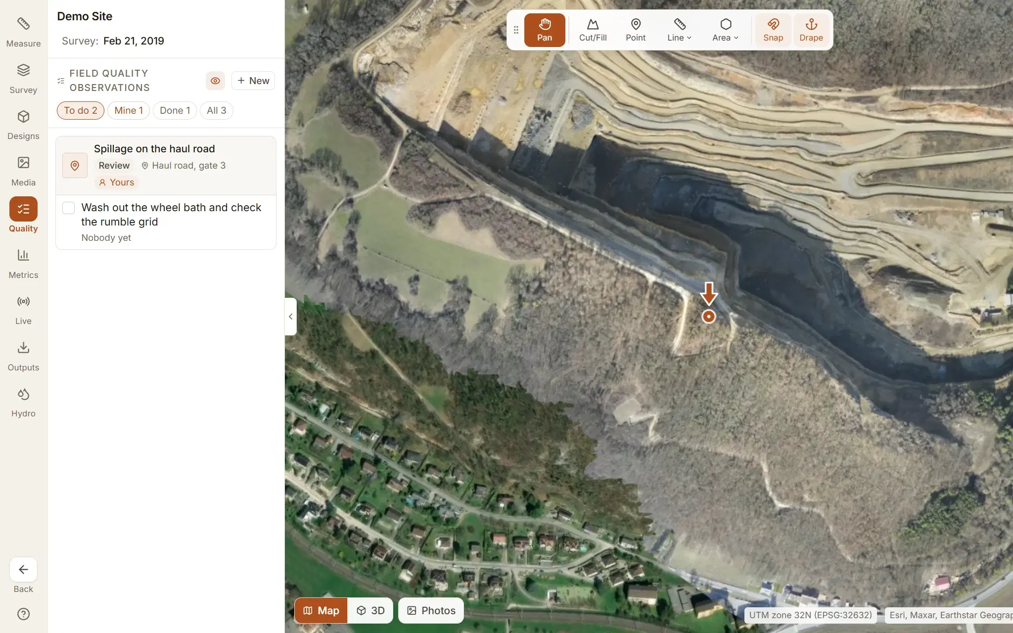 The Quality tab beside the map: Spillage on the haul road at Review, at Haul road, gate 3, yours, with its corrective action under it, and its pin on the quarry