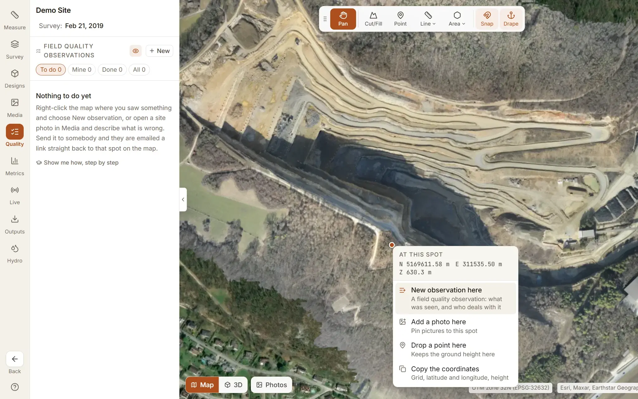 A right-click on the demo quarry's haul road opens a menu at that spot: its grid coordinates and height, then New observation here, Add a photo here, Drop a point here and Copy the coordinates