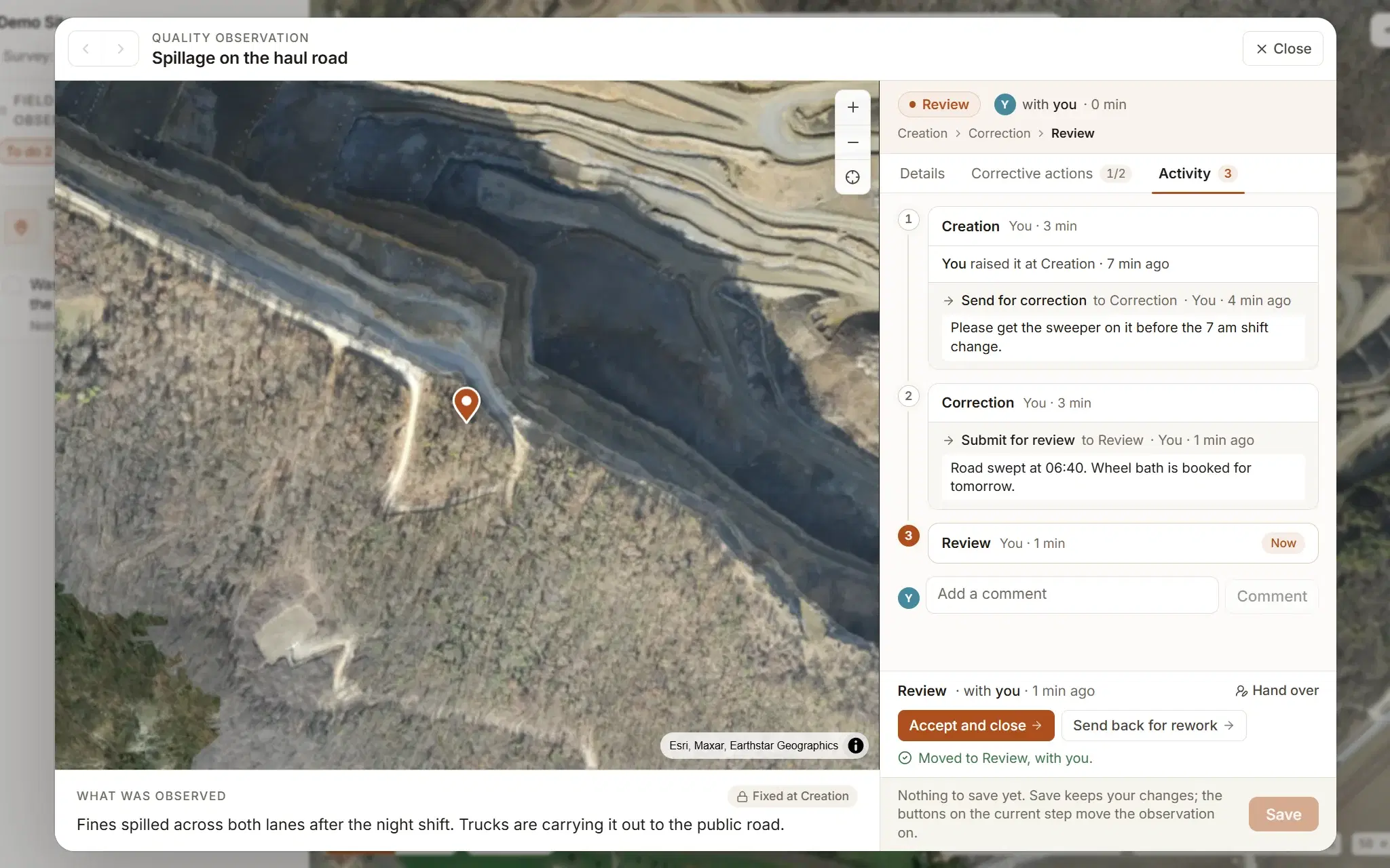 A field quality observation called Spillage on the haul road at its Review step: the spot framed on a map with its pin, one of two corrective actions done, and the activity trail showing who sent it for correction, the comment with it, and who submitted it for review