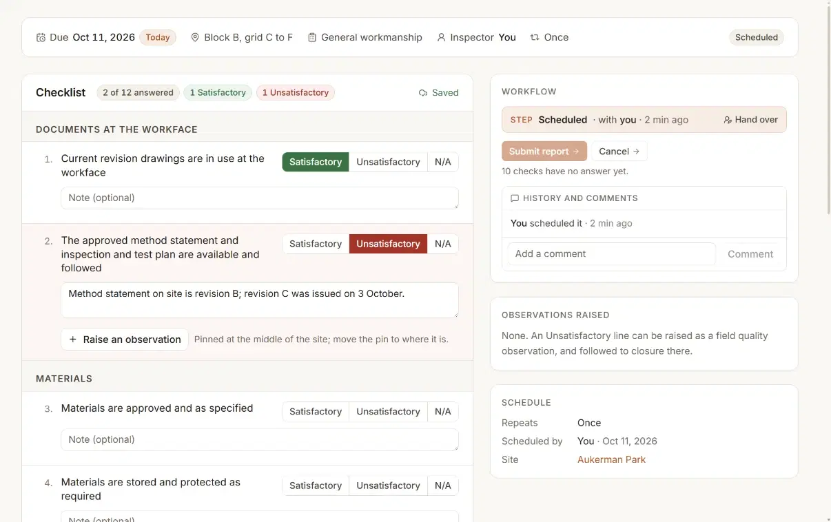 A quality surveillance answered line by line: one check Satisfactory, one Unsatisfactory with the note that the method statement on site is out of date, and Raise an observation under it