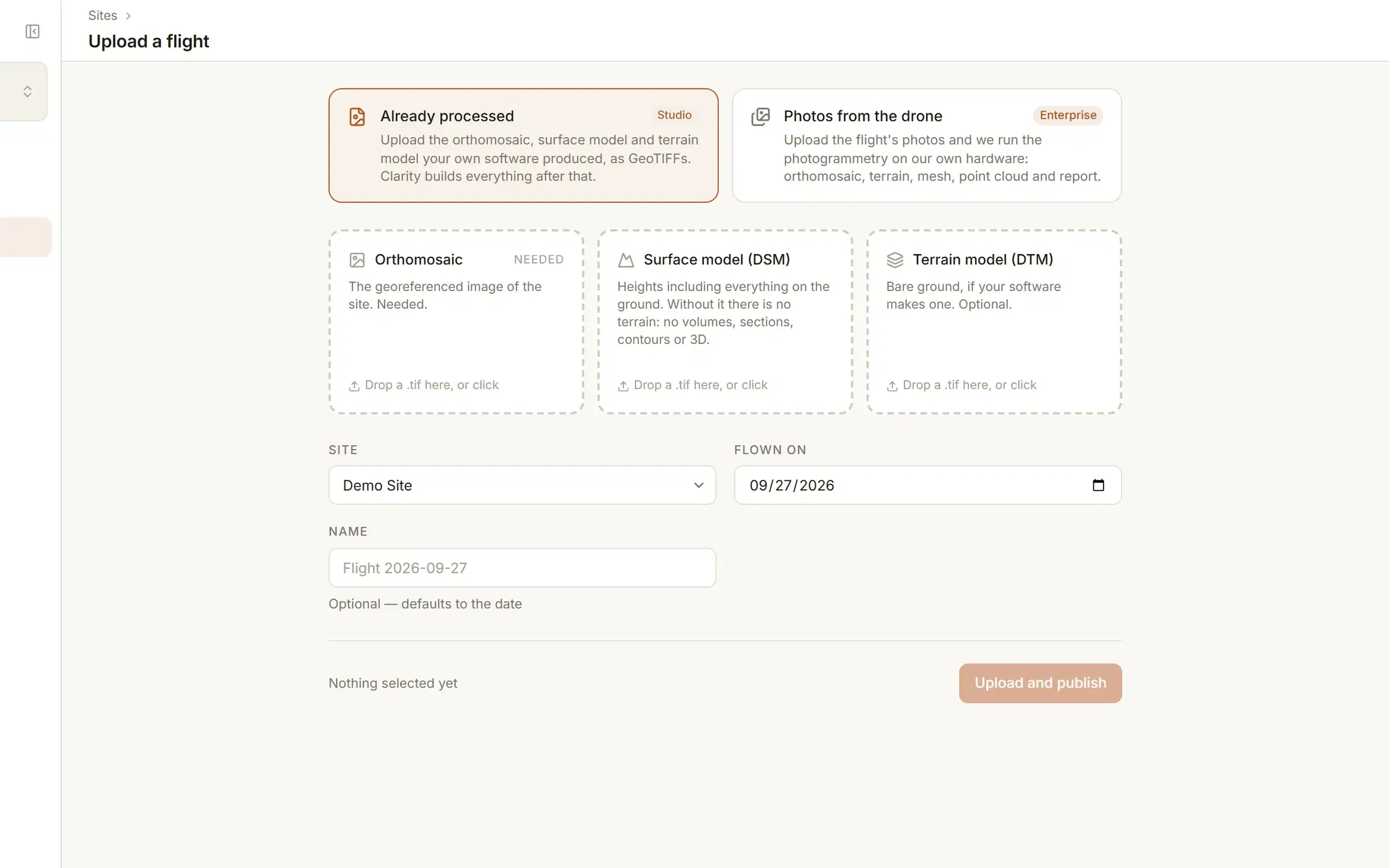The upload page in its GeoTIFF mode, with slots for the orthomosaic, the surface model and the terrain model