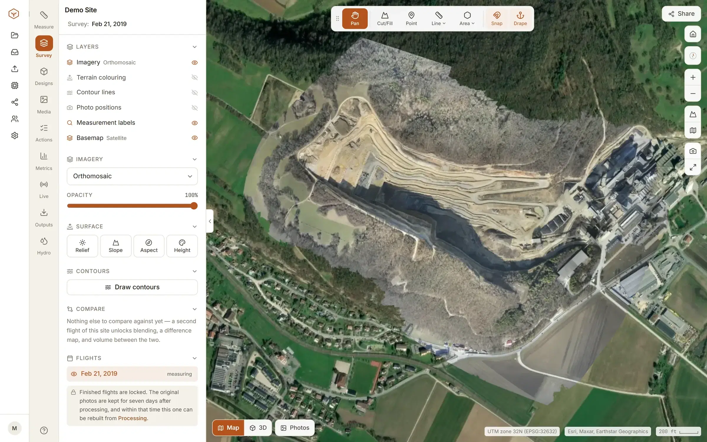 The Clarity viewer: the demo quarry's orthomosaic with the survey panel open, measurement tools along the top and the map filling the rest of the window